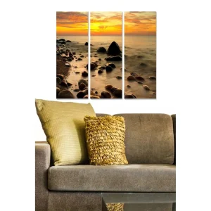 Canvastavla i trä 3-delar 50x70 cm - Solnedgång över en stenig strand - Inredning & dekor Lägg i varukorgen