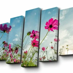 Canvastavla i 5 delar 82x50 cm - Färgglada blommor i en solig ängslandskap Rosa / Grön / Blå - Inredning Populär