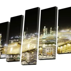 Rea Canvastavla i 5 delar 82x50 cm - Nattlig vy över den heliga platsen i Mecka med pilgrimsfärdande människor Guld / Svart / Vit - Inredning
