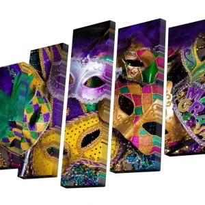 Rea Canvastavla i 5 delar 82x50 cm - Färgglada masker med festliga detaljer Lila / Guld / Grön - Inredning