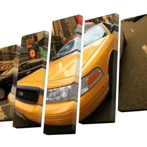 Canvastavla i 5 delar 82x50 cm - Gult taxibil i stadsmiljö Gul / Svart / Grå - Inredning Köp nu