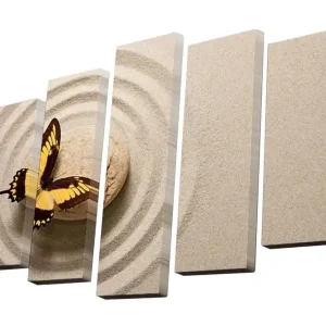 I lager Canvastavla i 5 delar 82x50 cm - Fjäril på sand med cirklar i bakgrunden Gult / Beige / Brunt - Inredning