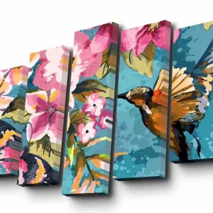 Canvastavla i 5 delar 82x50 cm - Färgglad kolibri omgiven av blommor Turkos / Rosa / Grön - Inredning Köp nu