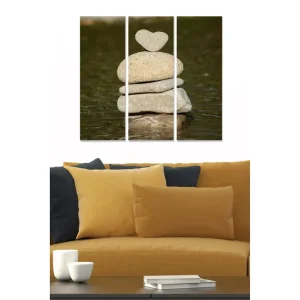 Begränsat antal Canvastavla i trä 3-delar 50x70 cm - Stenstapel med ett hjärtformat stenar på toppen - Inredning & dekor