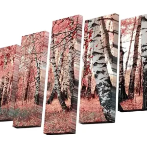 Canvastavla i 5 delar 82x50 cm - Vacker skog med björkar i höstfärger Rosa / Vit / Svart - Inredning Rea