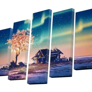 Reapris Canvastavla i 5 delar 82x50 cm - Blommande körsbärsträd vid en stjärnklar himmel över en landsbygdsscen Rosa / Blå / Grön - Inredning