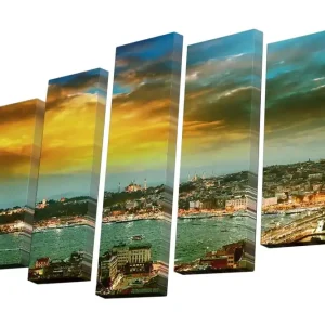 Canvastavla i 5 delar 82x50 cm - Vacker stadsutsikt över Istanbul vid solnedgången Guld / Blå / Grön - Inredning Outlet