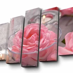 Canvastavla i 5 delar 82x50 cm - Rosa rosor i en skål med ljus Rosa / Transparent / Grå - Inredning Outlet