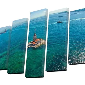 Endast idag Canvastavla i 5 delar 82x50 cm - Utsikt över en historisk fyr vid havet Blå / Grön / Vit - Inredning
