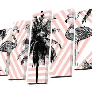 Canvastavla i 5 delar 82x50 cm - Flamingos omgivna av palmer och geometriska mönster Rosa / Svart / Vitt - Inredning Kundfavorit
