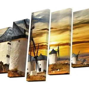 Canvastavla i 5 delar 82x50 cm - Vindkraftverk mot en solnedgång i ett landskap Guld / Vit / Svart - Inredning Reapris