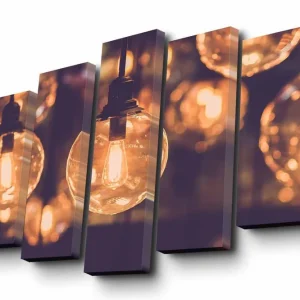 Outlet Canvastavla i 5 delar 82x50 cm - Glödande glödlampor i en mjuk bokeh-effekt Guld / Mörkbrun / Transparent - Inredning