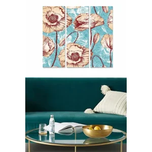 Canvastavla i trä 3-delar 50x70 cm - Blommor i pastellfärger mot en turkos bakgrund - Inredning & dekor I lager