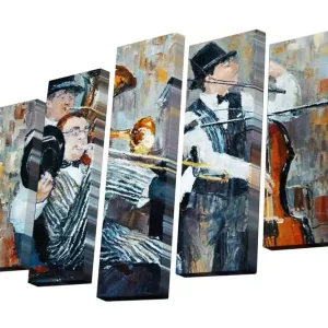 Canvastavla i 5 delar 82x50 cm - Musiker i en livlig jazzkomposition Svart / Grå / Orange - Inredning Populärt val