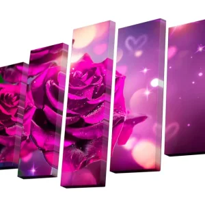 Canvastavla i 5 delar 82x50 cm - Vackra rosa blommor med glittrande detaljer Lila / Rosa / Grönt - Inredning Billigare