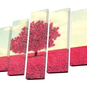 Fynd Canvastavla i 5 delar 82x50 cm - Blomstrande träd i en rosa landskapsscen Rosa / Ljusblå / Beige - Inredning