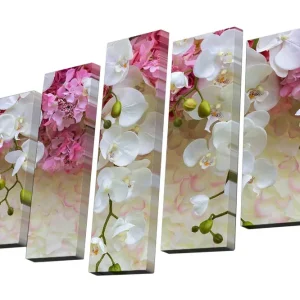 Lågt pris Canvastavla i 5 delar 82x50 cm - Färgrik bukett av orkidéer och blommor Vit / Rosa / Grön - Inredning