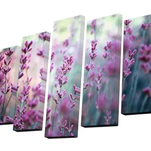 Snabb leverans Canvastavla i 5 delar 82x50 cm - Lila lavendelblommor i en harmonisk komposition Lila / Grön / Blå - Inredning