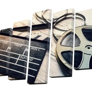 Beställ nu Canvastavla i 5 delar 82x50 cm - Filmklappa och filmrulle i nostalgisk stil Svart / Grå / Beige - Inredning