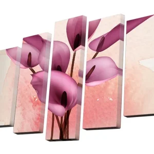 Canvastavla i 5 delar 82x50 cm - Färgglad bukett av kallor i rosa nyanser Rosa / Ljusrosa / Brun - Inredning I lager