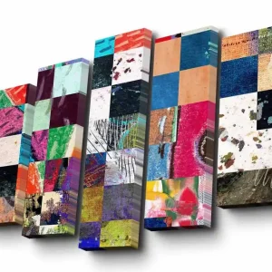 Premium Canvastavla i 5 delar 82x50 cm - Färgglad mosaik av geometriska rutor Grön / Blå / Röd - Inredning