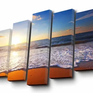 Säker betalning Canvastavla i 5 delar 82x50 cm - Solnedgång över havet med mjuka vågor som rullar in mot stranden Blå / Orange / Vit - Inredning