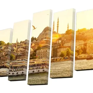 Kampanj Canvastavla i 5 delar 82x50 cm - Solnedgång över Istanbul med stadens silhuett och båtar på vattnet Guld / Orange / Grön - Inredning