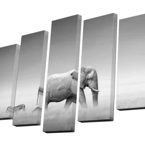 Canvastavla i 5 delar 82x50 cm - Elefant och zebra i en harmonisk svartvit komposition Svart / Vitt / Grått - Inredning Nedsatt pris