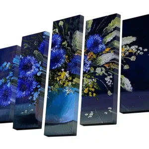 Canvastavla i 5 delar 82x50 cm - Färgrik bukett av blommor i en blå vas Blå / Grön / Gul - Inredning Lågt pris