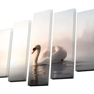 Sänkt pris Canvastavla i 5 delar 82x50 cm - Elegant svan som glider fram på spegelblanka vattenytor Vit / Ljusgrå / Beige - Inredning