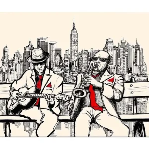 Canvastavla 70x100 cm - Två musiker på en bänk med New York som siluett - Inredning & dekor Fynd
