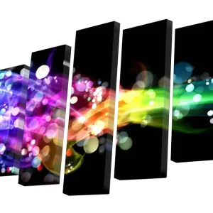Canvastavla i 5 delar 82x50 cm - Färgglad abstrakt komposition med ljusa svallande linjer Lila / Grön / Gul - Inredning I lager