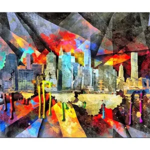Canvastavla 70x100 cm - Färgstark stadsbild som fångar en skyline med skyskrapor och reflektioner i vattnet - Inredning & dekor Utförsäljning