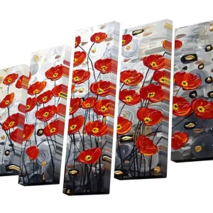 Canvastavla i 5 delar 82x50 cm - Färgrik bukett av vallmo i röd nyans Röd / Svart / Grå - Inredning Sista chansen