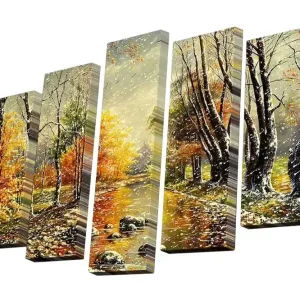 Canvastavla i 5 delar 82x50 cm - Höstlandskap med färgglada träd och spegelbild i vattnet Orange / Grön / Brun - Inredning Kampanj