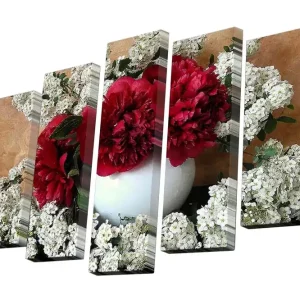 Beställ idag Canvastavla i 5 delar 82x50 cm - Färgrik bukett av röda blommor i en vit vas omgiven av vita blommor Röd / Vit - Inredning