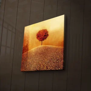 Endast denna vecka Canvastavla med LED-belysning 28x28 cm - Ensam röd träd på en gyllene kulle Röd / Guld / Beige - Inredning