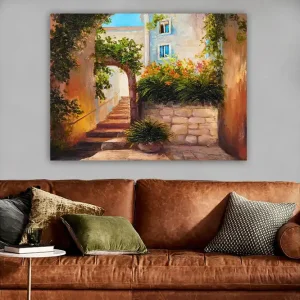 Canvastavla 70x100 cm - Pittoresk gränd med trappor omgiven av grönska och blommor - Inredning & dekor Rabatter