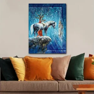 Canvastavla 70x100 cm - Mystisk scen med en häst och en kvinna i en drömlik miljö - Inredning & dekor Kundfavorit