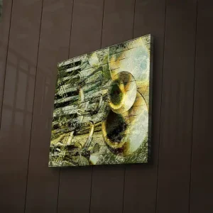 Canvastavla med LED-belysning 28x28 cm - Abstrakt komposition med musikinstrument Guld / Grön / Svart - Inredning Begränsad tid