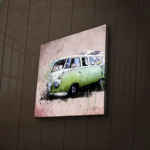 Canvastavla med LED-belysning 28x28 cm - Vintage Volkswagen skåpbil i grön nyans Grön / Rosa / Vit - Inredning Rabatter