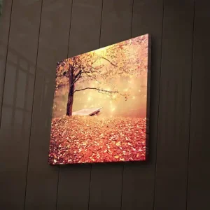 Canvastavla med LED-belysning 28x28 cm - Vacker höstscen med ett träd och en båt vid en spegelblanka sjö Orange / Guld / Brun - Inredning Utförsäljning