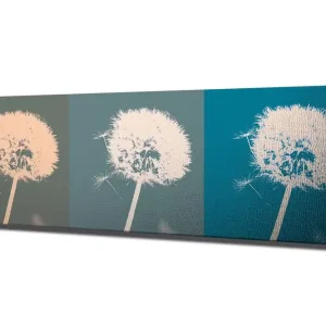Canvastavla 80x30 cm - Tredelad bild av en maskros med olika färgtoner Ljusrosa / Grönblå / Mörkblå - Inredning Sista chansen