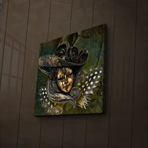 Canvastavla med LED-belysning 28x28 cm - Maskerad ansikte med detaljerad hatt och blommor Guld / Mörkblå / Grön - Inredning Handla nu