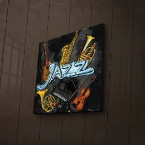 Canvastavla med LED-belysning 28x28 cm - Jazzinstrument i en livlig komposition Guld / Svart / Blå - Inredning Erbjudande