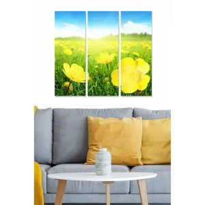 Canvastavla i trä 3-delar 50x70 cm - Färgglad blomsteräng med gula blommor - Inredning & dekor Trygg betalning
