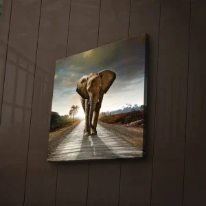Canvastavla med LED-belysning 28x28 cm - Elefant som går längs en väg i solnedgången Grå / Brun / Orange - Inredning Snabb frakt