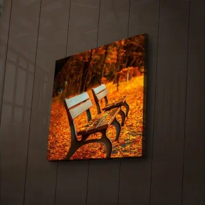 Billig Canvastavla med LED-belysning 28x28 cm - Bänkar omgivna av höstlöv i varma färger Orange / Brun - Inredning
