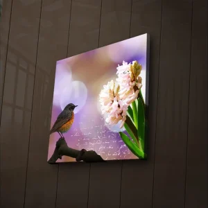 Premium Canvastavla med LED-belysning 28x28 cm - Fågel på en gren med blommor i fokus Rosa / Grön / Lila - Inredning
