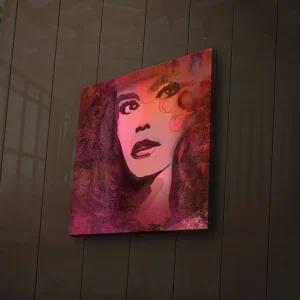 Endast denna vecka Canvastavla med LED-belysning 28x28 cm - Porträtt av en kvinna med starka uttryck och färgstarka detaljer Rosa / Lila / Svart - Inredning